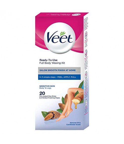 Veet Full Body Waxing Strips Kit For Sensitive Skin (20 Strips) | Cold Gel Wax Hair Removal for Women | Upto 28 Days of Smoothness | No Wax Heater or Wax Beans Required